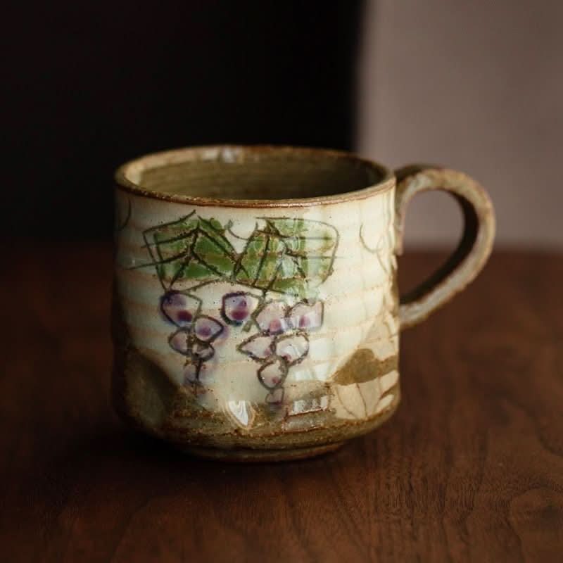 Japan Imported Seto-yaki Ceramic Mug with purple grapes & green leaves design, 8.11oz